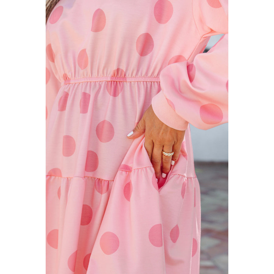 White Polka Dot Printed Long Sleeve Flared Mini Dress Dresses/Mini Dresses
