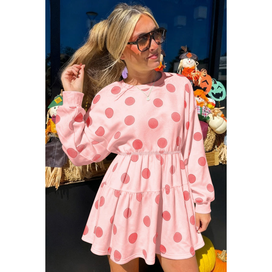 White Polka Dot Printed Long Sleeve Flared Mini Dress Dresses/Mini Dresses