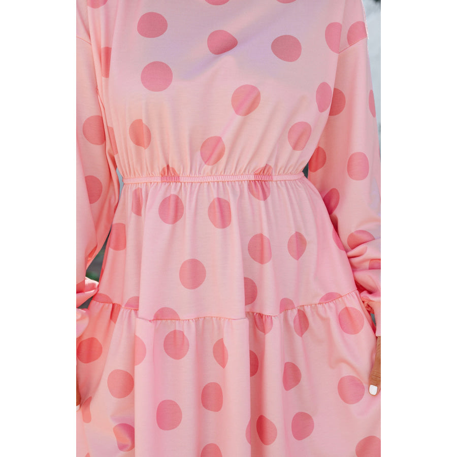 White Polka Dot Printed Long Sleeve Flared Mini Dress Dresses/Mini Dresses