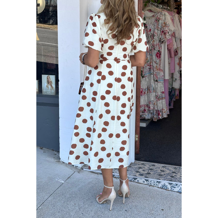 White Polka Dot Printed V Neck Short Sleeve Tie Waist Midi Dress White / S / 80% Viscose + 20% Polyamide Dresses/Midi Dresses