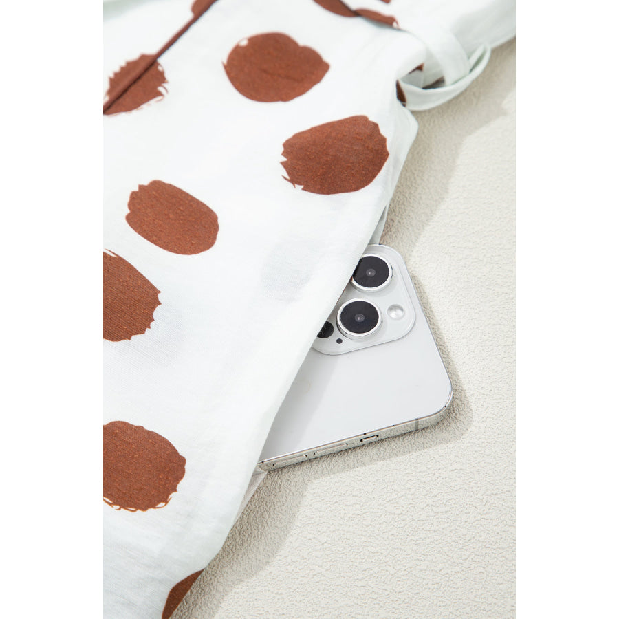 White Polka Dot Printed V Neck Short Sleeve Tie Waist Midi Dress Dresses/Midi Dresses