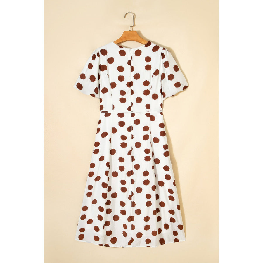 White Polka Dot Printed V Neck Short Sleeve Tie Waist Midi Dress Dresses/Midi Dresses