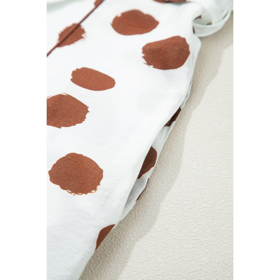 White Polka Dot Printed V Neck Short Sleeve Tie Waist Midi Dress Dresses/Midi Dresses