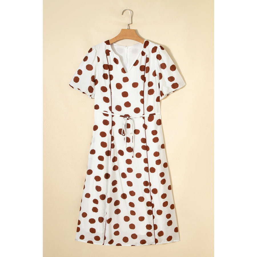White Polka Dot Printed V Neck Short Sleeve Tie Waist Midi Dress Dresses/Midi Dresses