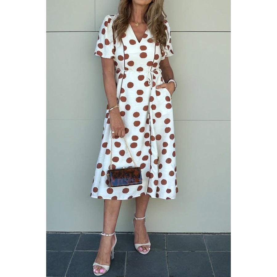 White Polka Dot Printed V Neck Short Sleeve Tie Waist Midi Dress White / S / 80% Viscose + 20% Polyamide Dresses/Midi Dresses