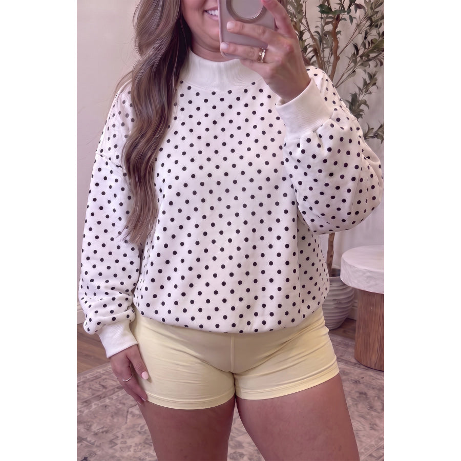 White Polka Dot Ribbed Stand Neck Plus Size Casual Sweatshirt / 1X / 100% Polyester Size/Plus Sweatshirts & Hoodies