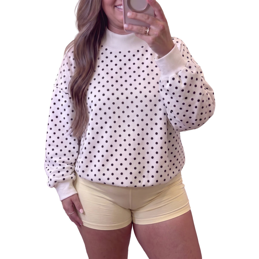 White Polka Dot Ribbed Stand Neck Plus Size Casual Sweatshirt Size/Plus Sweatshirts & Hoodies