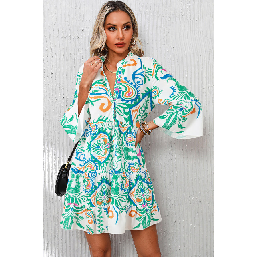 White Printed Tribal Bracelet Sleeve Buttoned Mini Dress Dresses/Mini Dresses