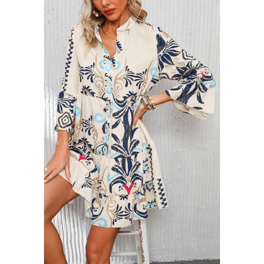 White Printed Tribal Bracelet Sleeve Buttoned Mini Dress Dresses/Mini Dresses