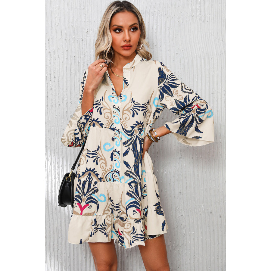 White Printed Tribal Bracelet Sleeve Buttoned Mini Dress Dresses/Mini Dresses