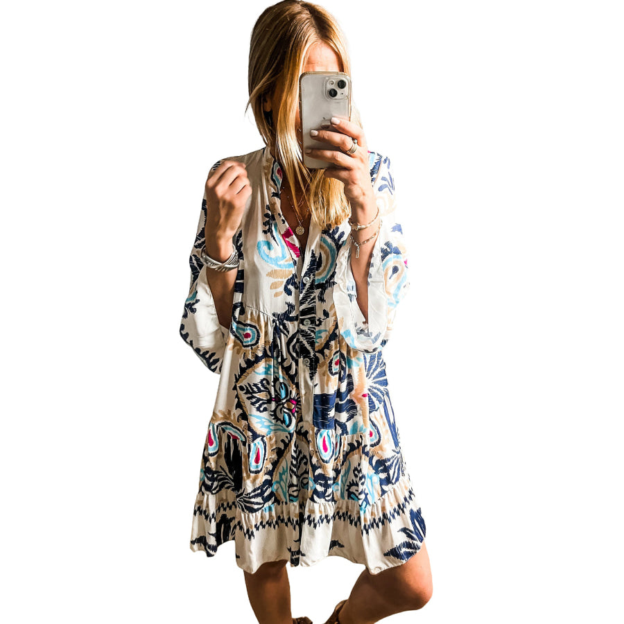 White Printed Tribal Bracelet Sleeve Buttoned Mini Dress Dresses/Mini Dresses