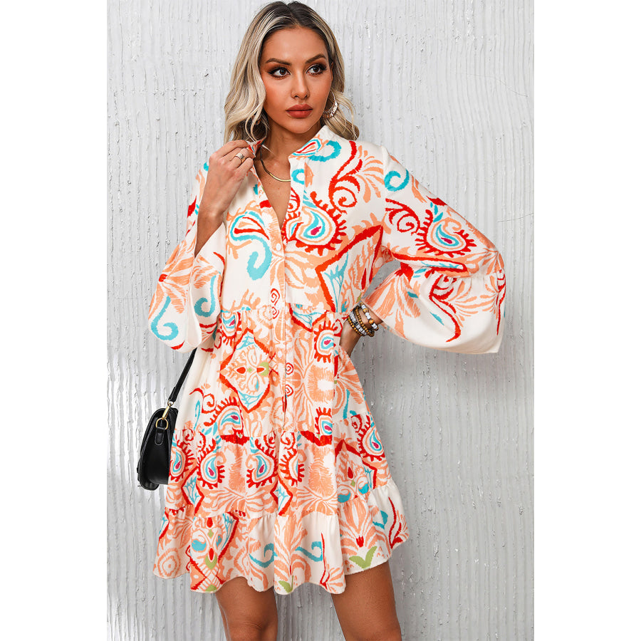 White Printed Tribal Bracelet Sleeve Buttoned Mini Dress Dresses/Mini Dresses