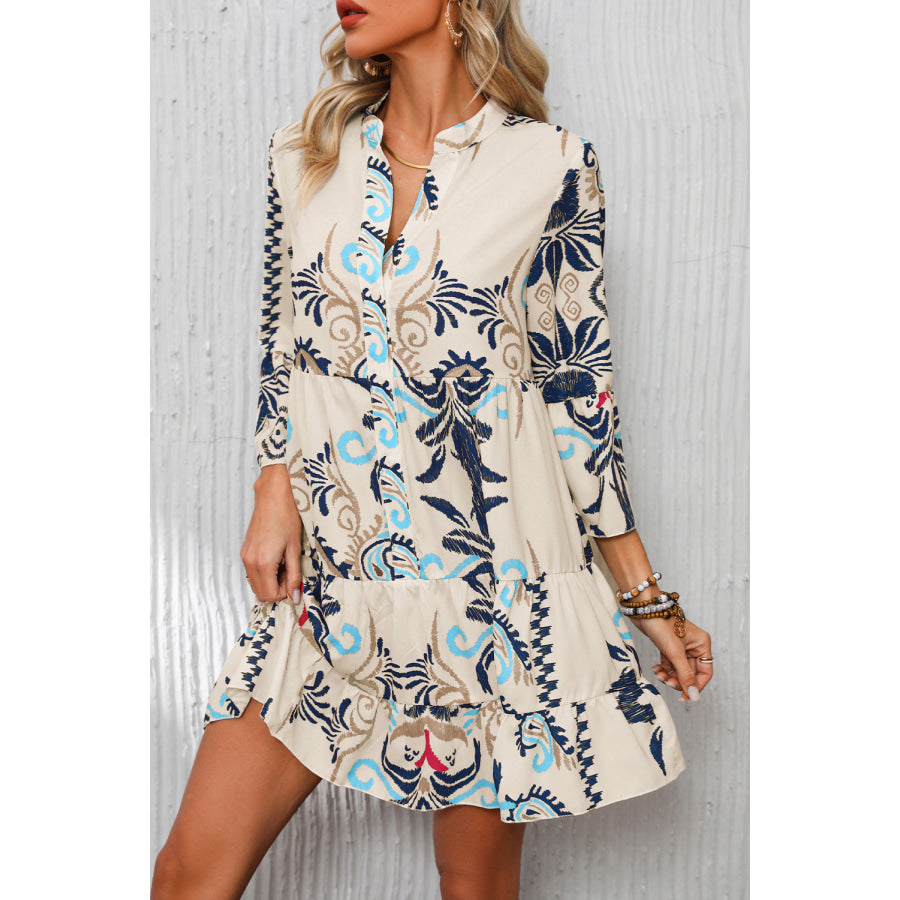 White Printed Tribal Bracelet Sleeve Buttoned Mini Dress Dresses/Mini Dresses