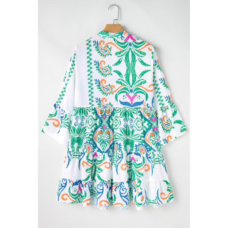 White Printed Tribal Bracelet Sleeve Buttoned Mini Dress Dresses/Mini Dresses