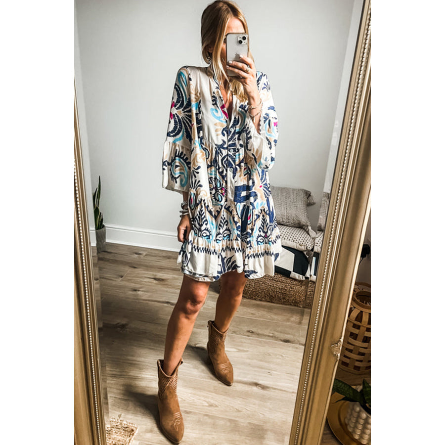 White Printed Tribal Bracelet Sleeve Buttoned Mini Dress Dresses/Mini Dresses