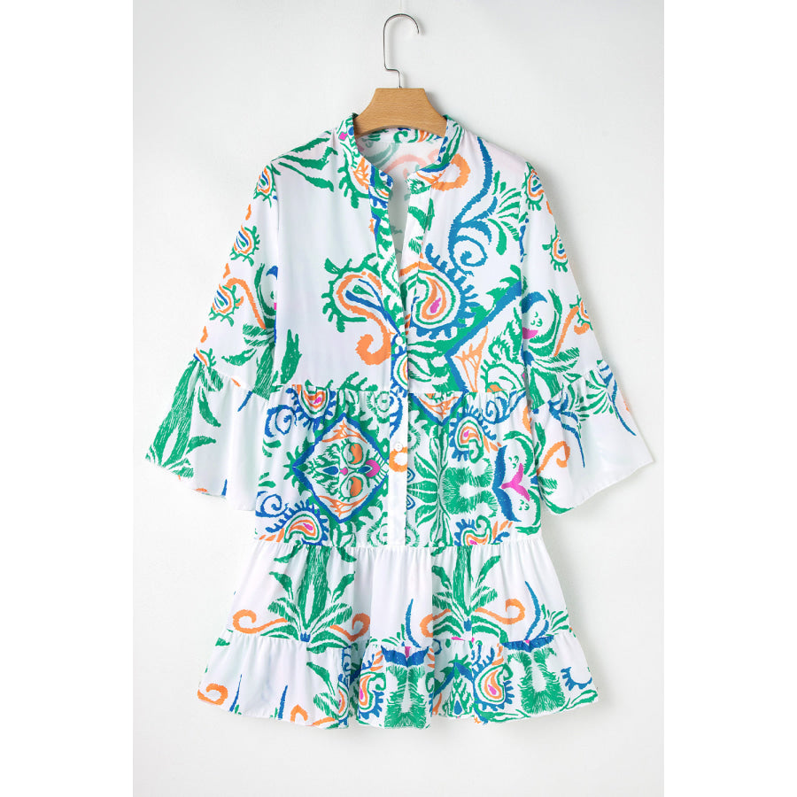 White Printed Tribal Bracelet Sleeve Buttoned Mini Dress Dresses/Mini Dresses