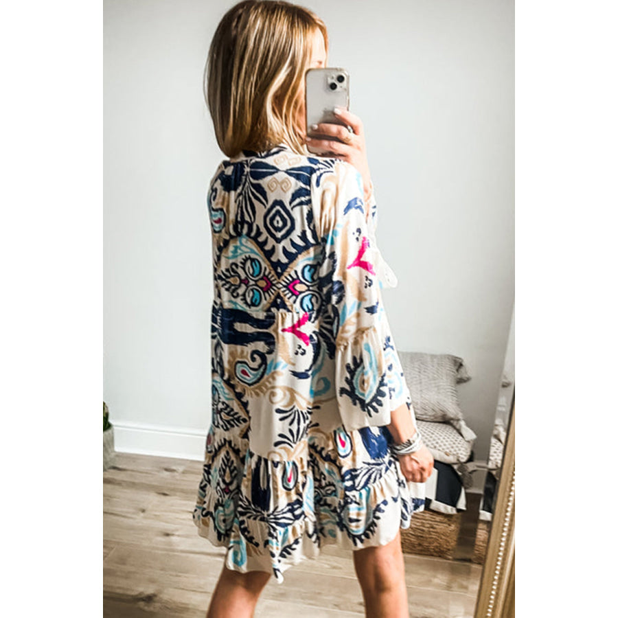 White Printed Tribal Bracelet Sleeve Buttoned Mini Dress Dresses/Mini Dresses