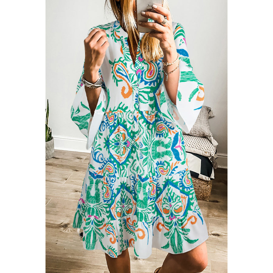 White Printed Tribal Bracelet Sleeve Buttoned Mini Dress Green / S / 100% Polyester Dresses/Mini Dresses