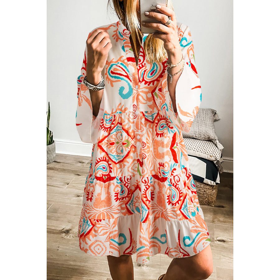 White Printed Tribal Bracelet Sleeve Buttoned Mini Dress Orange / S / 100% Polyester Dresses/Mini Dresses