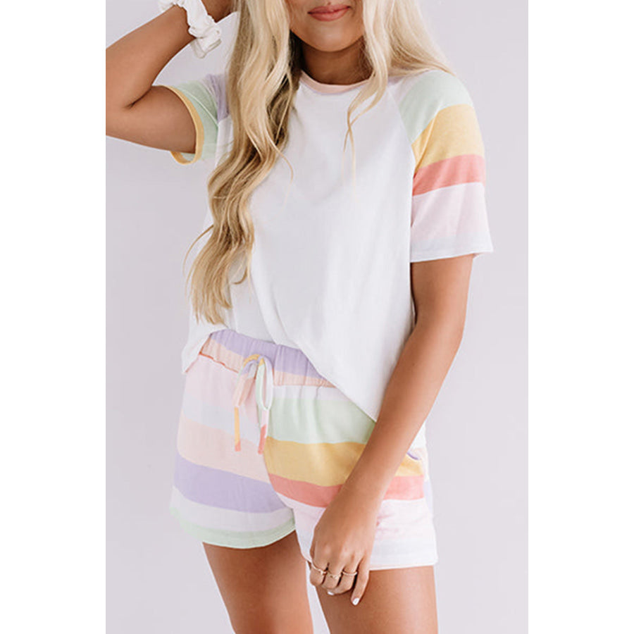 White Rainbow Striped T Shirt and Shorts Set Two Piece Sets/Short Sets