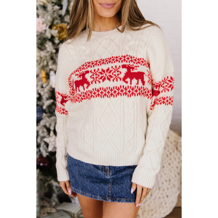 White Reindeer Pattern Cable Knit Christmas Fashion Sweater Sweaters & Cardigans/Sweaters