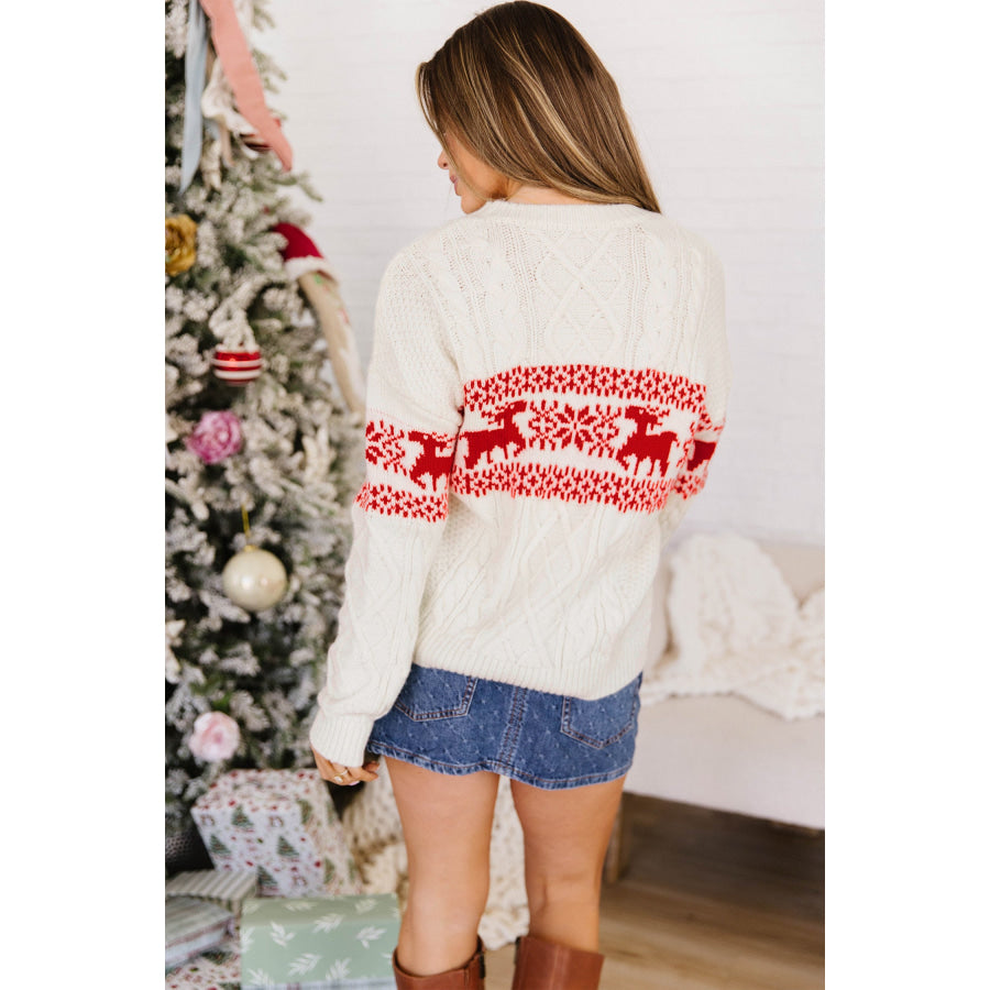 White Reindeer Pattern Cable Knit Christmas Fashion Sweater Sweaters & Cardigans/Sweaters