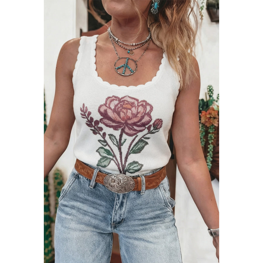 White Retro Floral Print Scalloped Square Neck Knit Sweater Vest White / S / 100% Viscose Sweaters & Cardigans/Sweater Vests