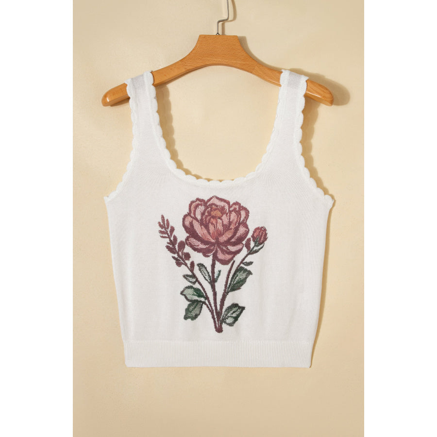 White Retro Floral Print Scalloped Square Neck Knit Sweater Vest Sweaters & Cardigans/Sweater Vests