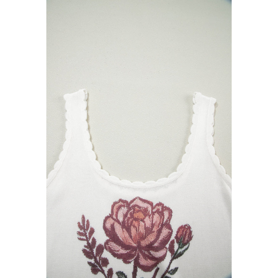White Retro Floral Print Scalloped Square Neck Knit Sweater Vest Sweaters & Cardigans/Sweater Vests