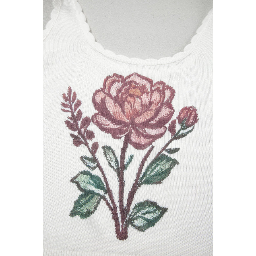 White Retro Floral Print Scalloped Square Neck Knit Sweater Vest Sweaters & Cardigans/Sweater Vests