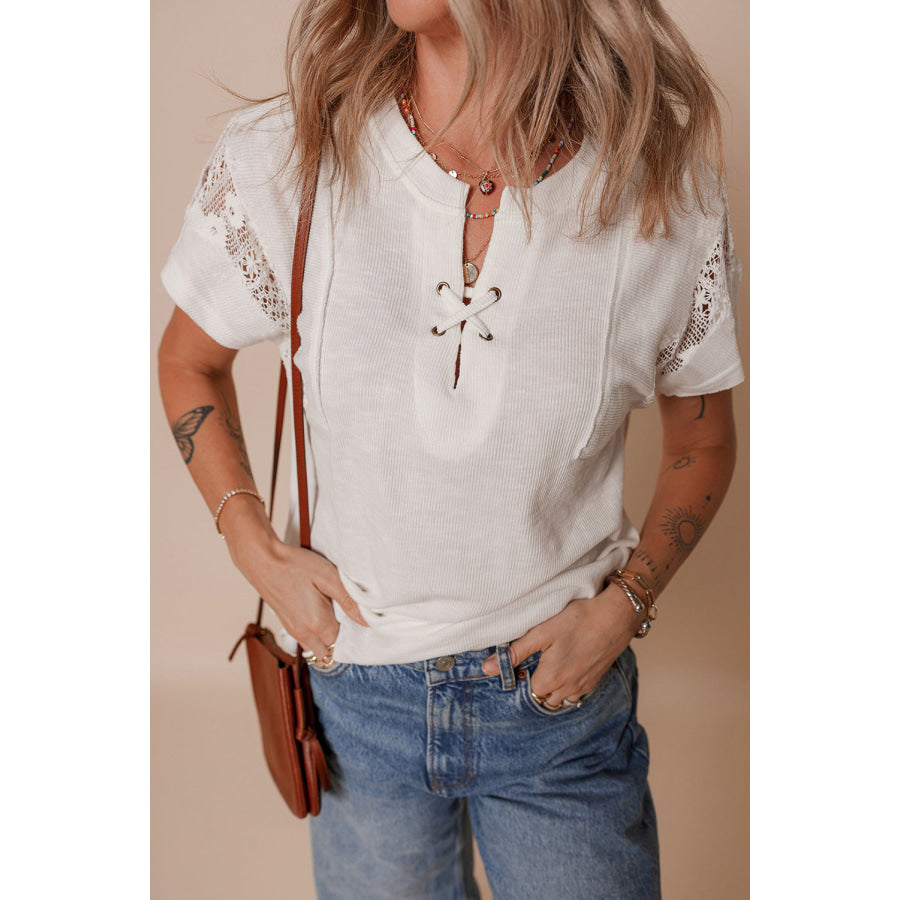 White Ribbed Texture Lace Patchwork Short Sleeve Top White / S / 97% Polyester + 3% Elastane Tops/Tops & Tees