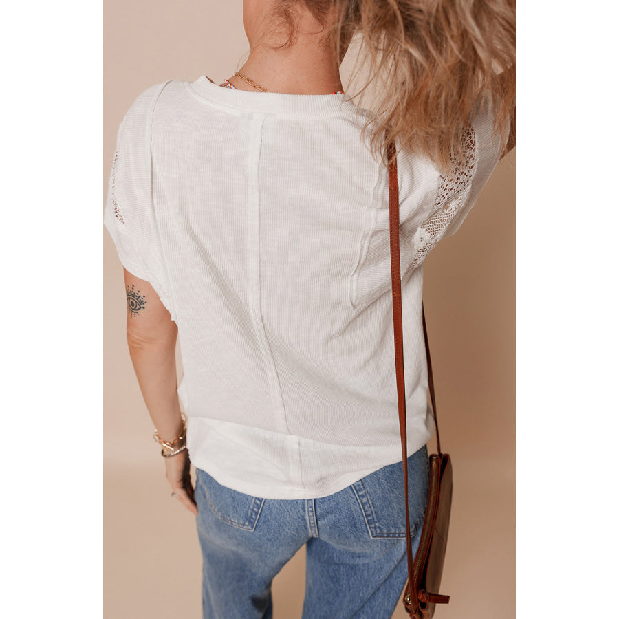White Ribbed Texture Lace Patchwork Short Sleeve Top Tops/Tops & Tees