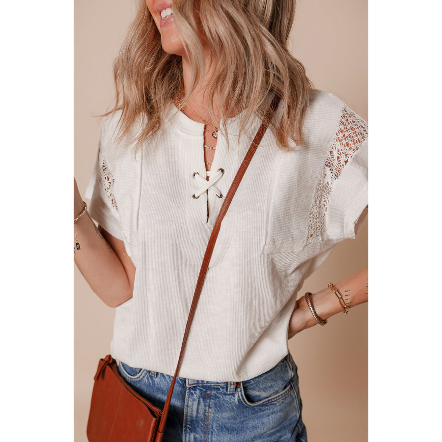 White Ribbed Texture Lace Patchwork Short Sleeve Top Tops/Tops & Tees