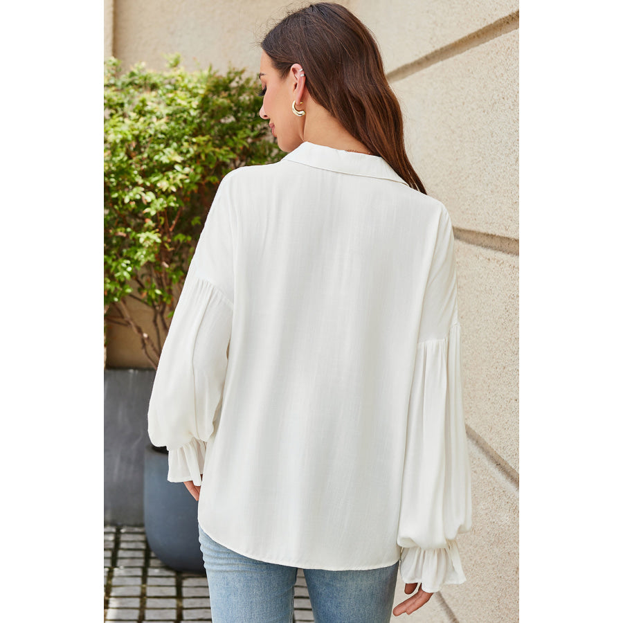 White Ruffle Elastic Cuffs Puffy Long Sleeve Button Down Shirt Tops/Blouses & Shirts