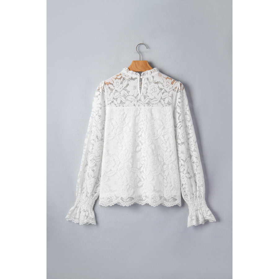 White Ruffled Round Neck Long Flounce Sleeve Sheer Lace Blouse Tops/Blouses & Shirts
