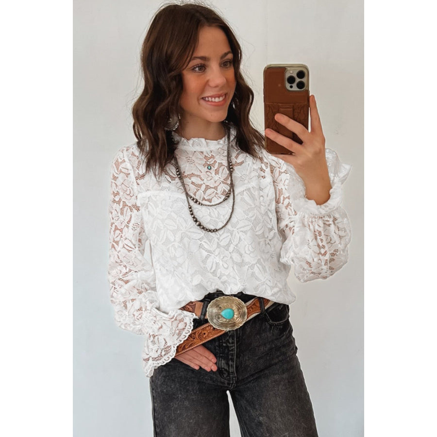 White Ruffled Round Neck Long Flounce Sleeve Sheer Lace Blouse Tops/Blouses & Shirts