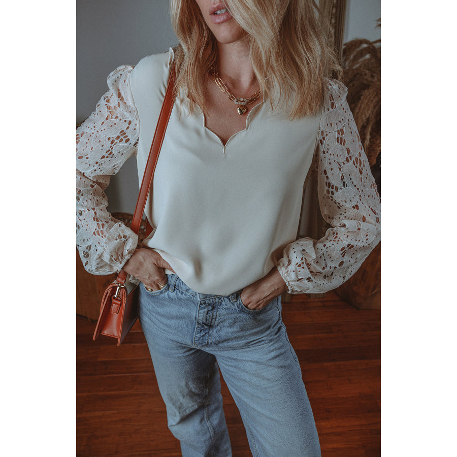 White Scalloped V Neckline Lace Hollowed Lantern Sleeve Blouse White / S / 100% Polyester Tops/Blouses & Shirts