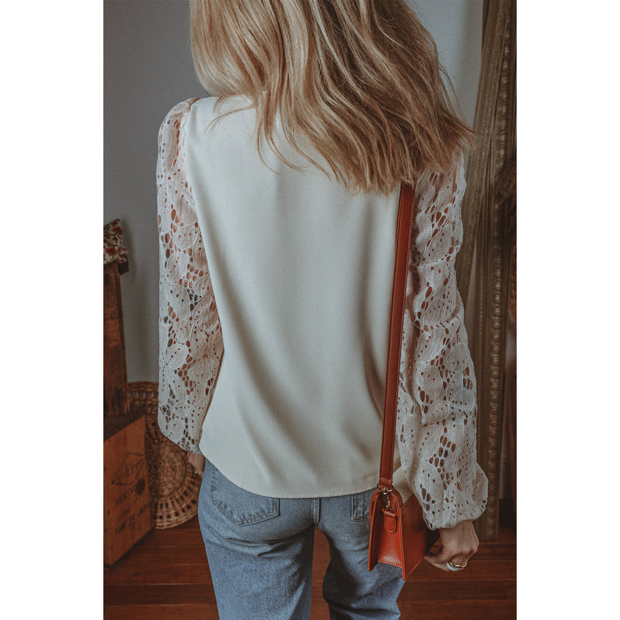 White Scalloped V Neckline Lace Hollowed Lantern Sleeve Blouse Tops/Blouses & Shirts