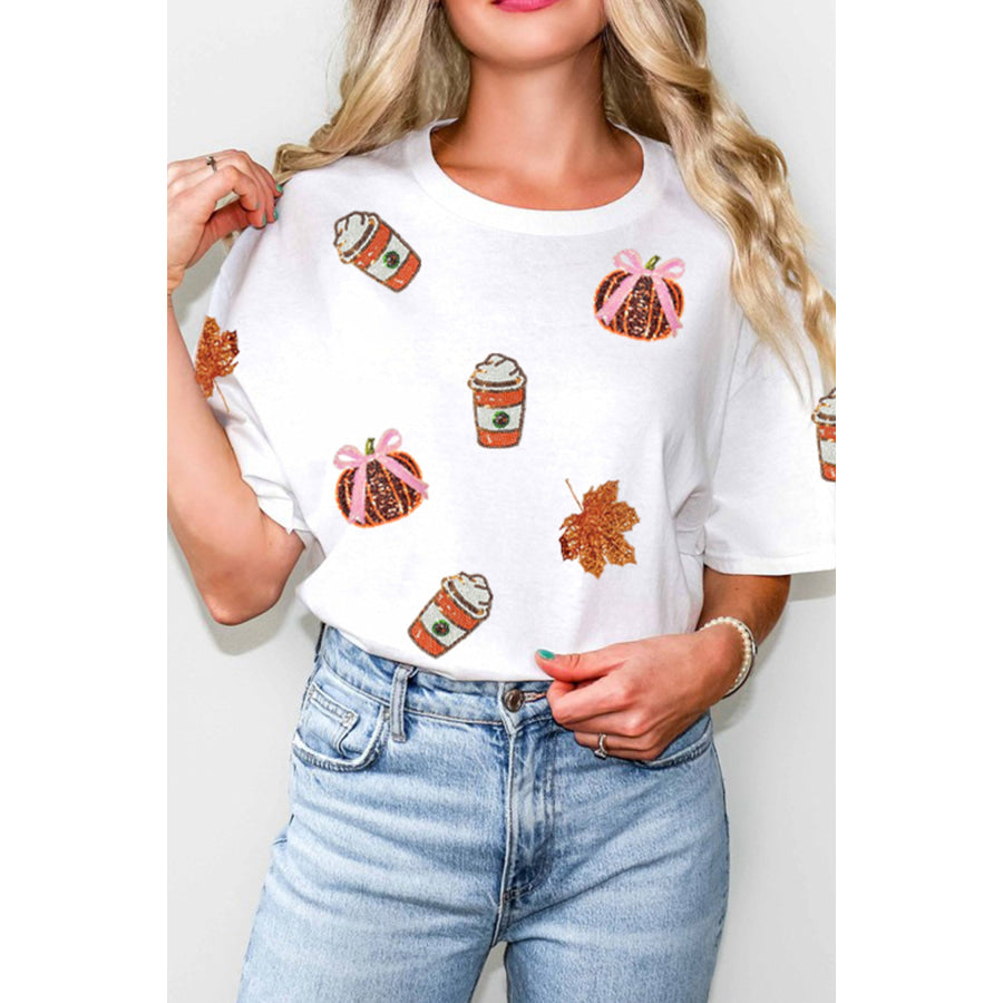 White Sequined Pumpkin Fall Graphic Casual Shift T Shirt Graphic/Graphic Tees