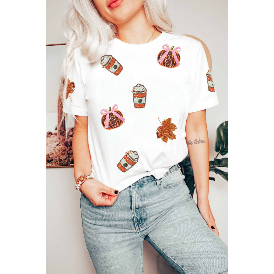 White Sequined Pumpkin Fall Graphic Casual Shift T Shirt Graphic/Graphic Tees