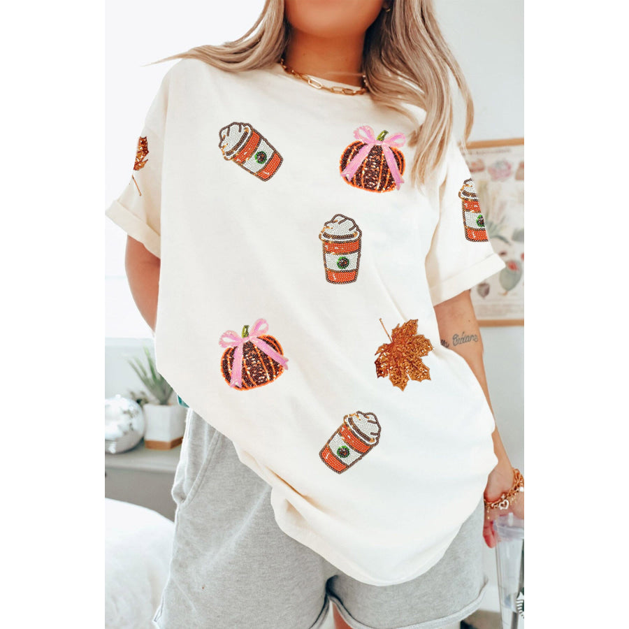 White Sequined Pumpkin Fall Graphic Casual Shift T Shirt White / S / 62% Polyester + 32% Cotton + 6% Elastane Graphic/Graphic Tees