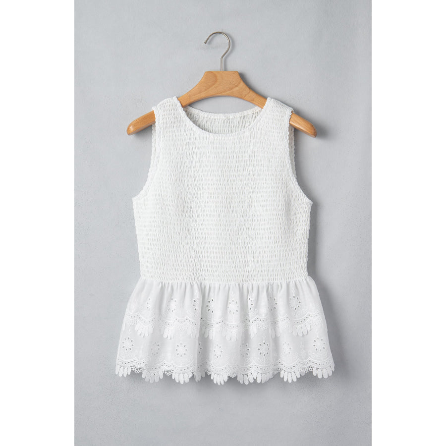 White Sleeveless Smocked Lace Peplum Top Tops/Tank Tops