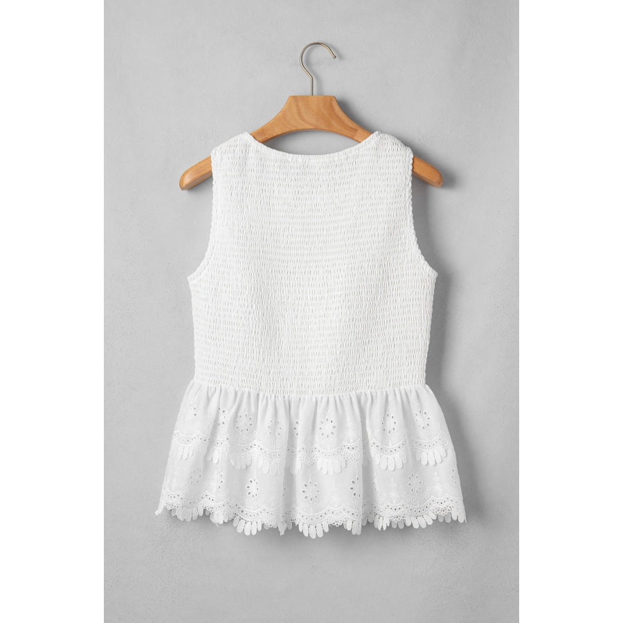 White Sleeveless Smocked Lace Peplum Top Tops/Tank Tops