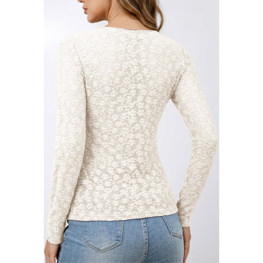 White Solid Color Floral Textured Long Sleeve Top Tops/Long Tops