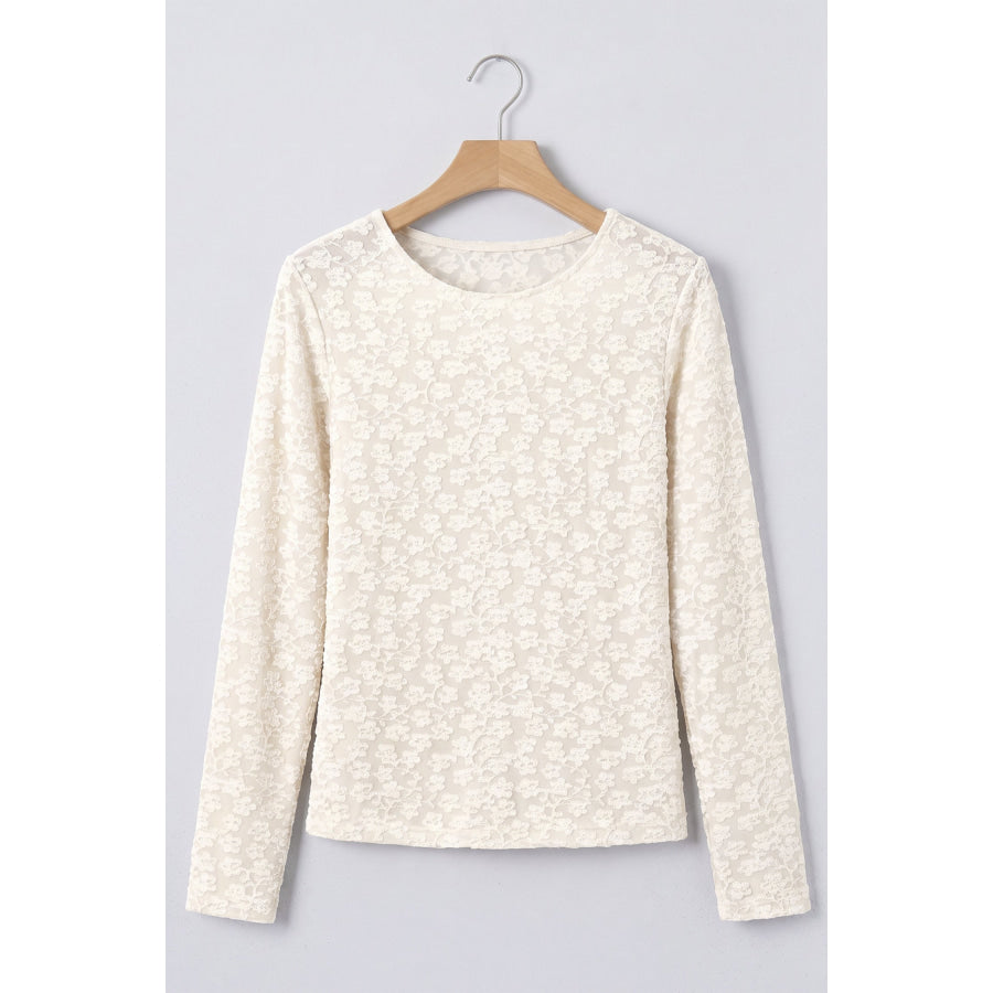 White Solid Color Floral Textured Long Sleeve Top Tops/Long Tops