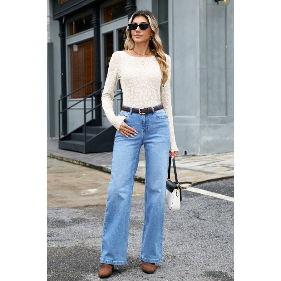 White Solid Color Floral Textured Long Sleeve Top Tops/Long Tops