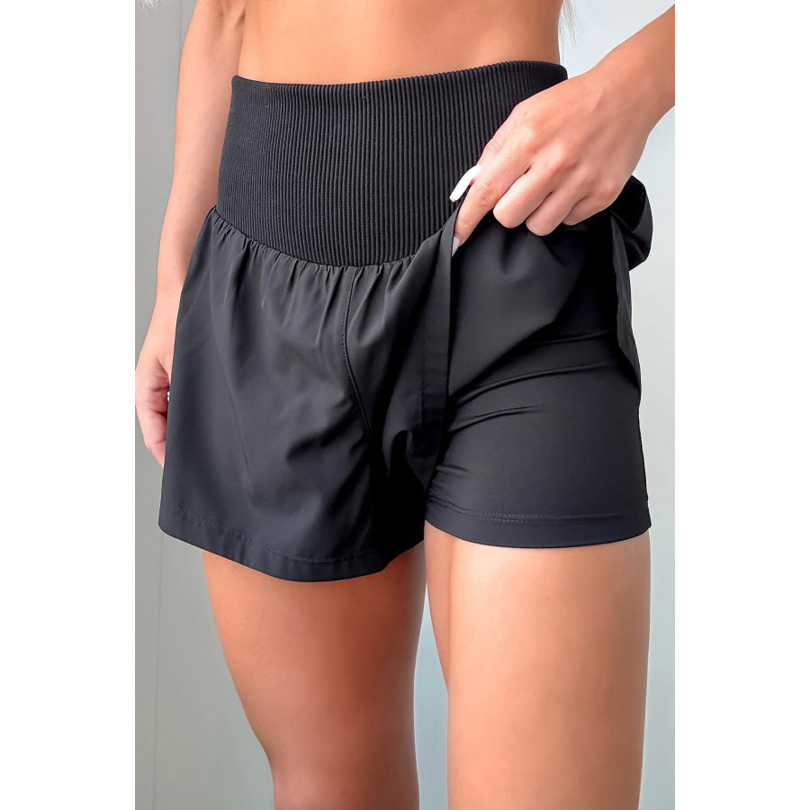 White Solid Color Ribbed Patchwork High Waist Athletic Shorts Black / S / 92% Polyester + 8% Elastane Bottoms/Casual Shorts