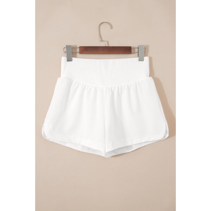 White Solid Color Ribbed Patchwork High Waist Athletic Shorts Bottoms/Casual Shorts