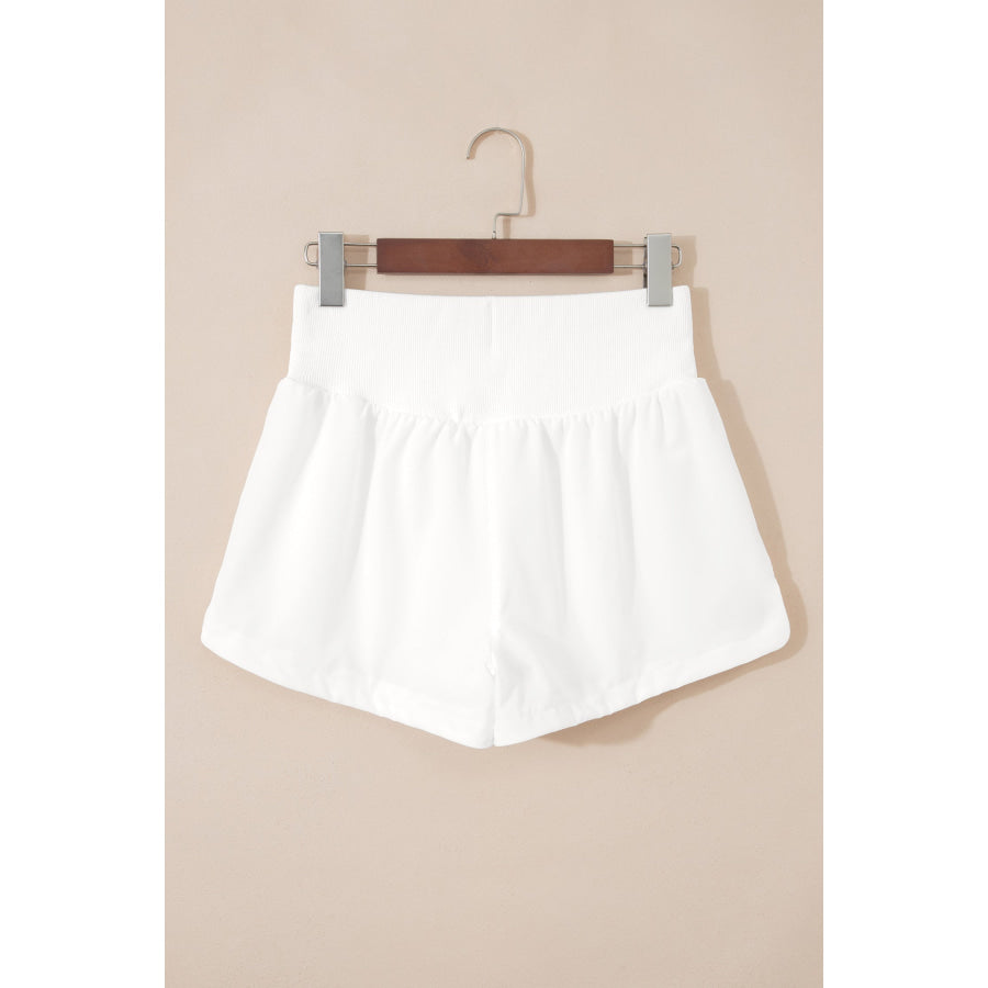 White Solid Color Ribbed Patchwork High Waist Athletic Shorts Bottoms/Casual Shorts