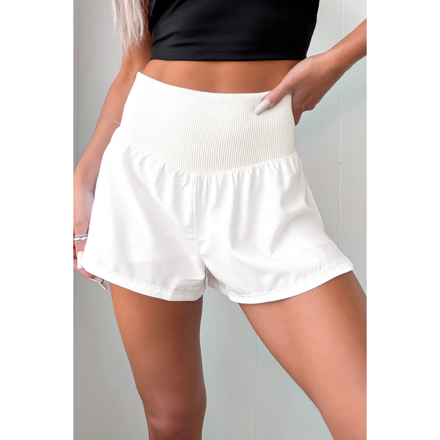 White Solid Color Ribbed Patchwork High Waist Athletic Shorts Bottoms/Casual Shorts